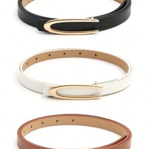 Classic Slim Leather Belt with Gold Horseshoe Buckle - Black, White, Brown